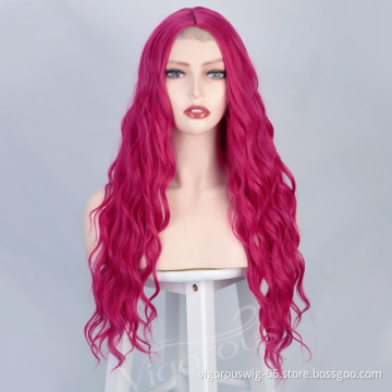 Vigorous Lace High Quality Synthetic Long Wavy red Full Wig front for Women Cosplay Heat Resistant Fiber Curly Colorful Wig
